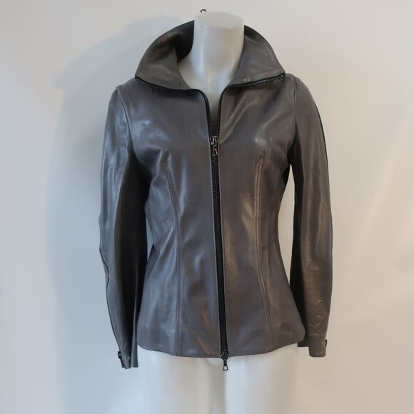 Womens Shari's Place Gray Black Zipper Motif Leather Jacket 8 - Picture 2 of 16